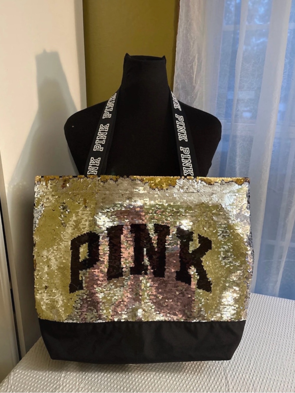 PINK Victoria's Secret Silver Sequin Tote with Black Accents